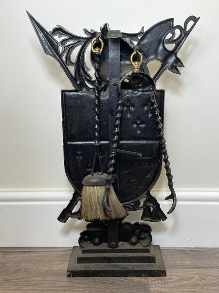 French Fleur de Lys Heraldry Knight Shield Fire Companion Set - Cheshire Antiques Consultant