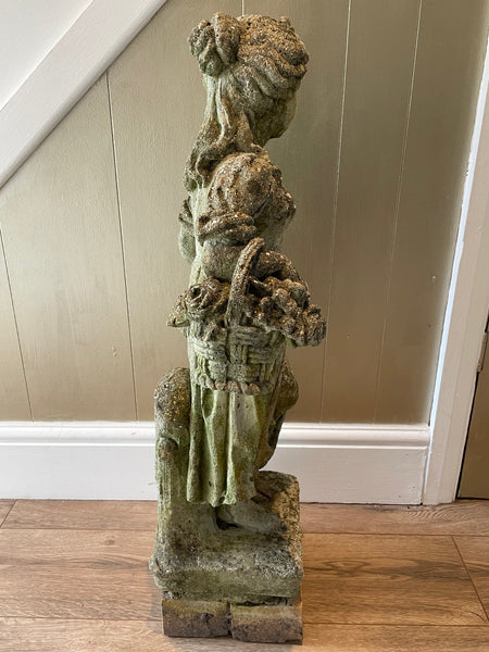 Georgian Style Stone Lady Carrying Basket Flowers Garden Ornament - Cheshire Antiques Consultant