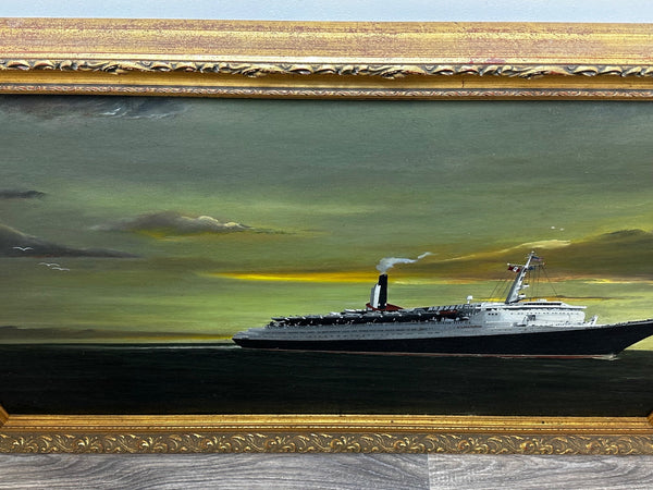 Huge Oil Painting Queen Elizabeth 2 Transatlantic Cunard Liner Ship - Cheshire Antiques Consultant