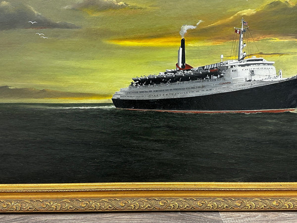 Huge Oil Painting Queen Elizabeth 2 Transatlantic Cunard Liner Ship - Cheshire Antiques Consultant