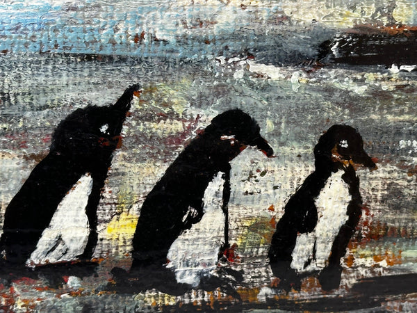 Impressionist Oil Painting Winter Waddle Of 6 Black & White Marine Penguins Antarctica - Cheshire Antiques Consultant
