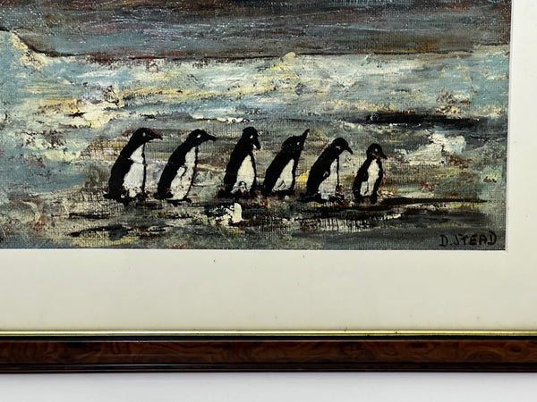Impressionist Oil Painting Winter Waddle Of 6 Black & White Marine Penguins Antarctica - Cheshire Antiques Consultant