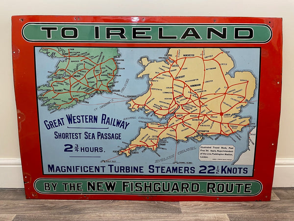 Large Enamel Sign Great Western Railway To Ireland By New Fishguard Route - Cheshire Antiques Consultant