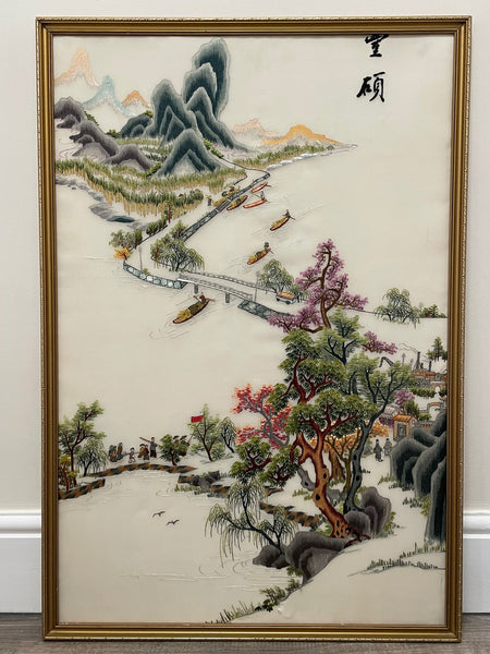 Large Framed Artwork Signed Chinese Embroidered Silk Tapestry - Cheshire Antiques Consultant
