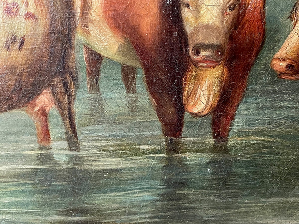 Large Georgian Oil Painting Cattle Gathered Watering - Cheshire Antiques Consultant