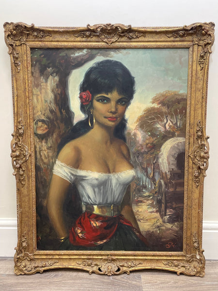 Large Impressionist Oil Painting Gypsy Girl Portrait Signed Willi de Pré - Cheshire Antiques Consultant