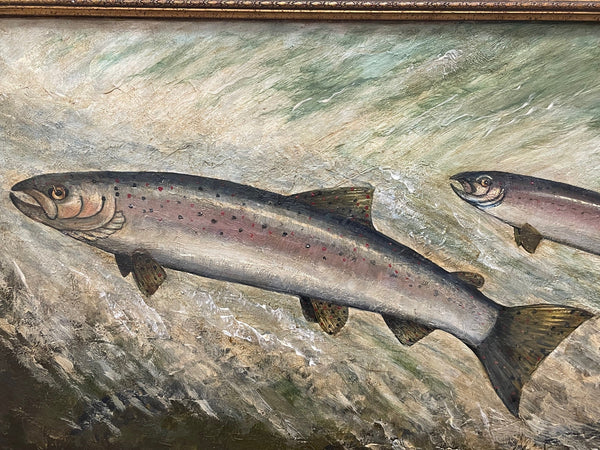 Large Oil Painting 2 Salmon Fish Leaping Upstream After John Bucknell Russell - Cheshire Antiques Consultant