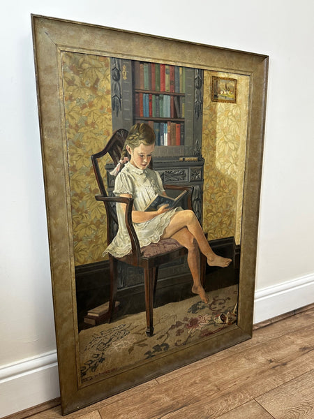 Large Oil Painting Girl Reading A Story Book Once Upon A Time By William Turner - Cheshire Antiques Consultant