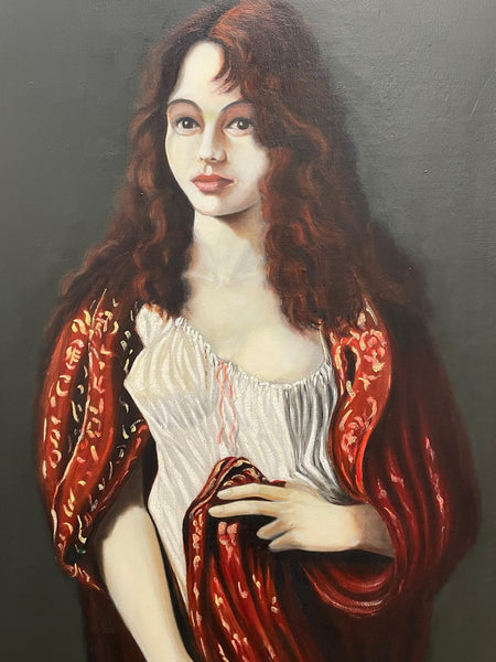 Large Oil Painting Portrait Scottish Lady In Red Shawl - Cheshire Antiques Consultant