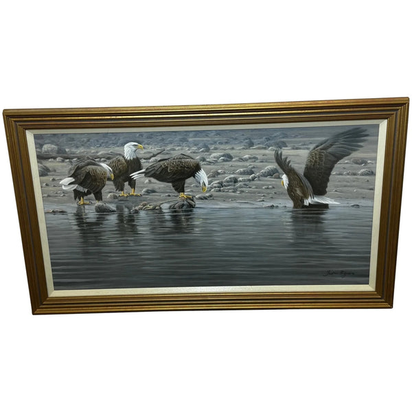 Large Painting North American Bald Eagles Gathering Fishing By Justin Prigmore - Cheshire Antiques Consultant