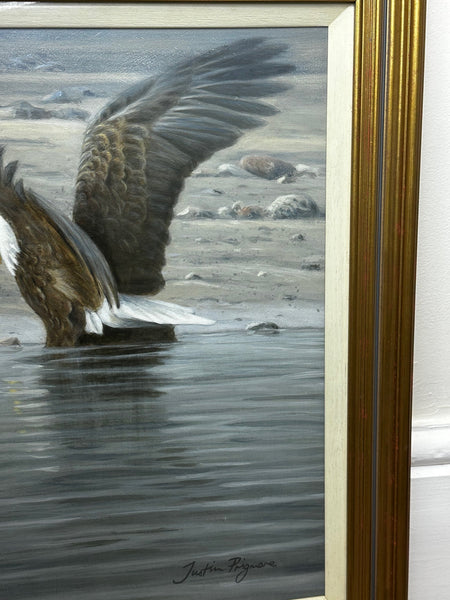 Large Painting North American Bald Eagles Gathering Fishing By Justin Prigmore - Cheshire Antiques Consultant