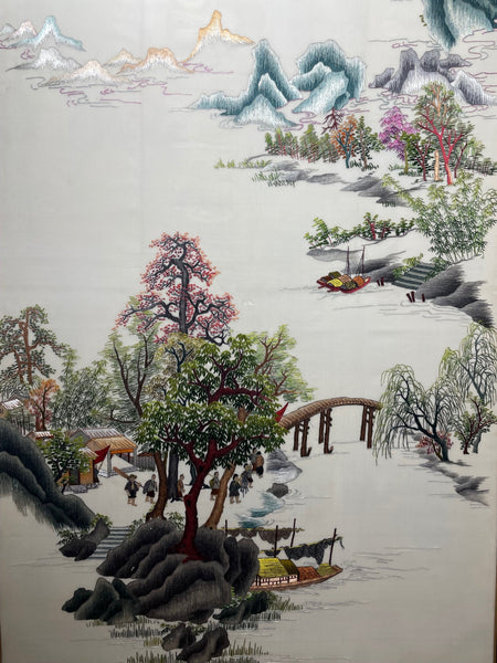 Large Signed Chinese Embroidered Needlepoint Silkwork Tapestry - Cheshire Antiques Consultant