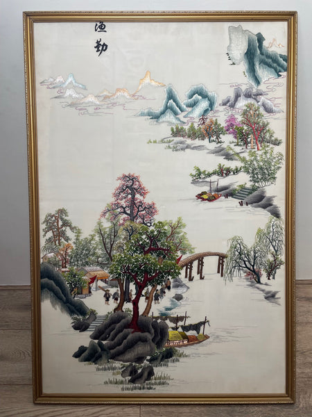 Large Signed Chinese Embroidered Needlepoint Silkwork Tapestry - Cheshire Antiques Consultant