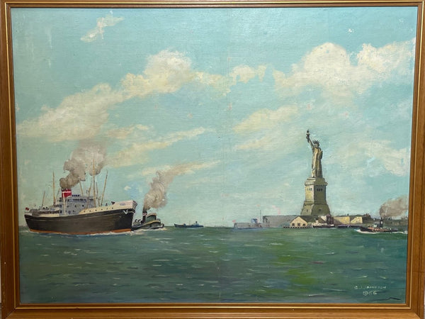 Marine Seascape Oil Painting Ships Passing Statue of Liberty USA - Cheshire Antiques Consultant