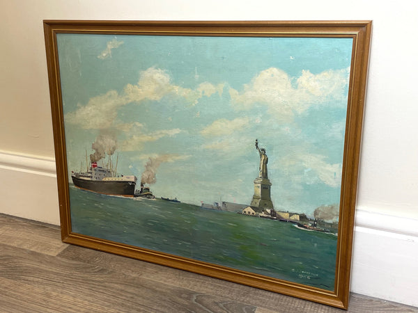 Marine Seascape Oil Painting Ships Passing Statue of Liberty USA - Cheshire Antiques Consultant