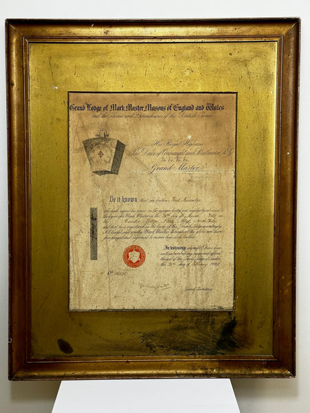 Masonic Grand Lodge Signed Framed Certificate Mark Master Masons of England & Wales - Cheshire Antiques Consultant