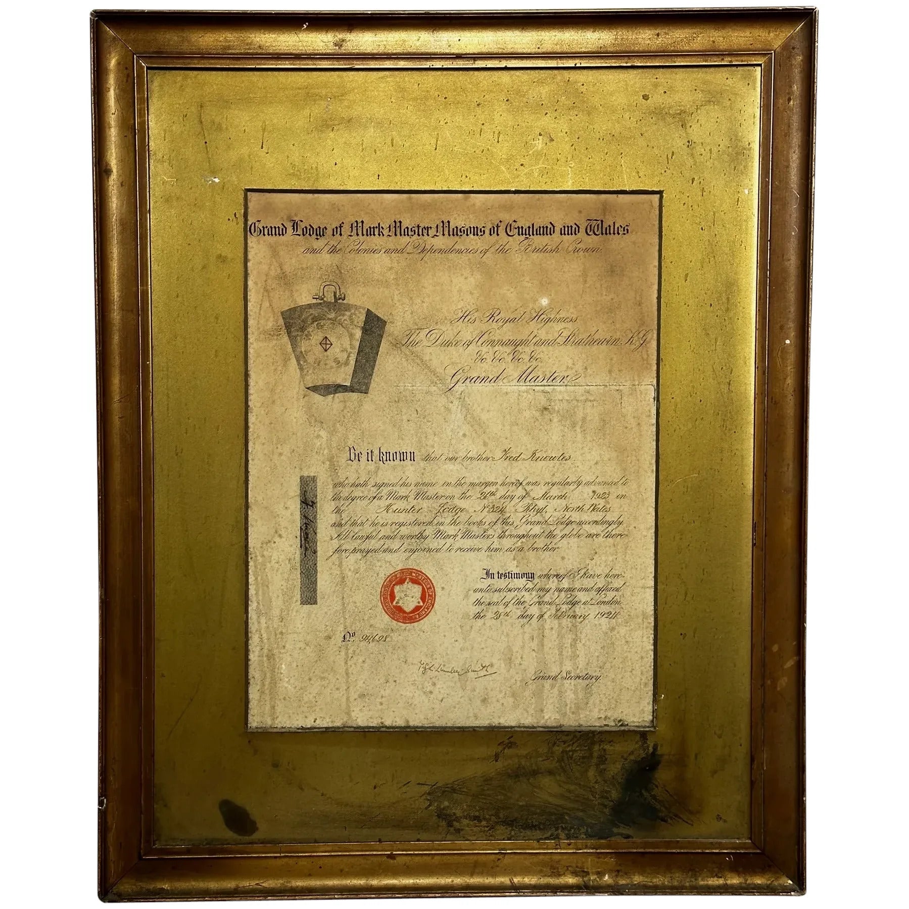 Masonic Grand Lodge Signed Framed Certificate Mark Master Masons of England & Wales - Cheshire Antiques Consultant