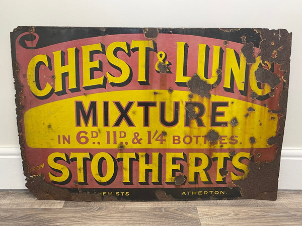 Medicine Chemist Stotherts Atherton Chest & Lung Mixture Enamel Sign - Cheshire Antiques Consultant
