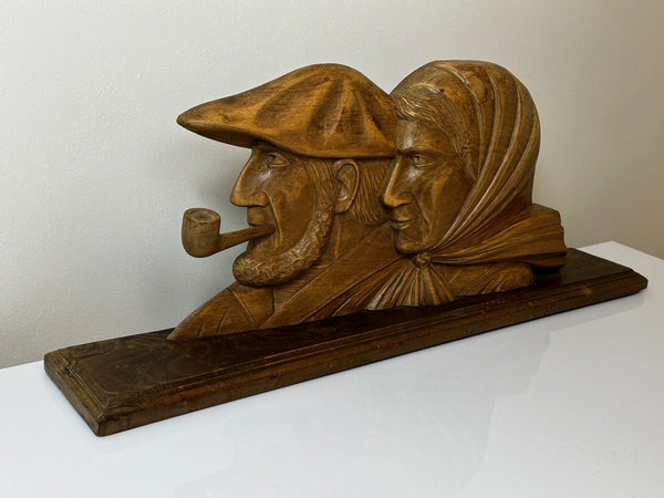 Mid Century French Carved Walnut Pipe Smoker Man & Wife Signed Sculpture - Cheshire Antiques Consultant