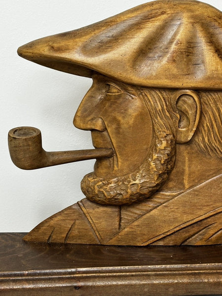 Mid Century French Carved Walnut Pipe Smoker Man & Wife Signed Sculpture - Cheshire Antiques Consultant