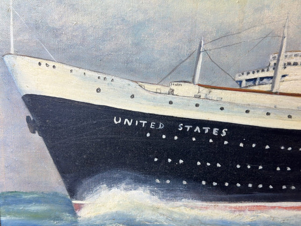 Nostalgic Seascape 1950's Oil Painting SS United States Ocean Liner Steam Ship - Cheshire Antiques Consultant