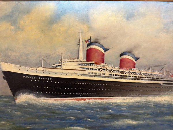 Nostalgic Seascape 1950's Oil Painting SS United States Ocean Liner Steam Ship - Cheshire Antiques Consultant