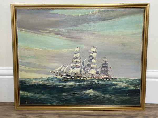 Oil Painting 3 Masted Clipper Sailing Ship "Loch Sloy" Follower of John Alcott - Cheshire Antiques Consultant