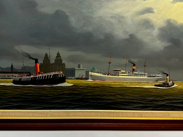 Oil Painting Alca Passenger Cargo Ship Yeoman Line & Ferry Claughton In Liverpool - Cheshire Antiques Consultant