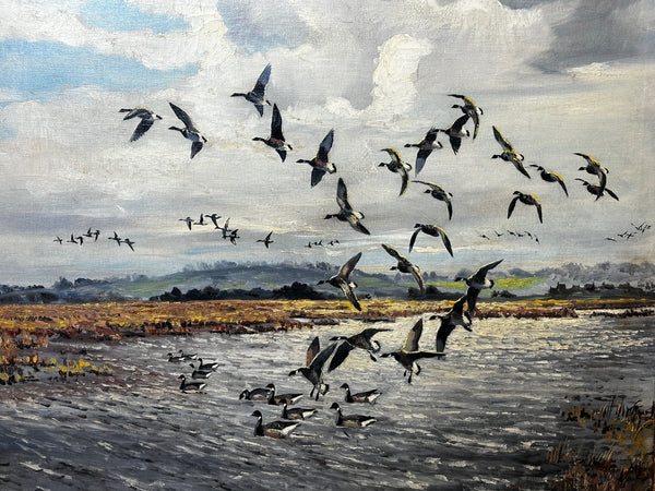 Oil Painting Brent Geese Flying Brancaster Staithe Norfolk by Hugh Charles Cecil Monahan - Cheshire Antiques Consultant
