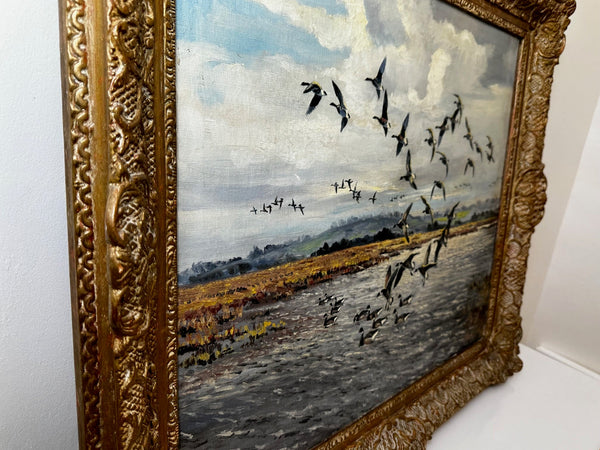 Oil Painting Brent Geese Flying Brancaster Staithe Norfolk by Hugh Charles Cecil Monahan - Cheshire Antiques Consultant