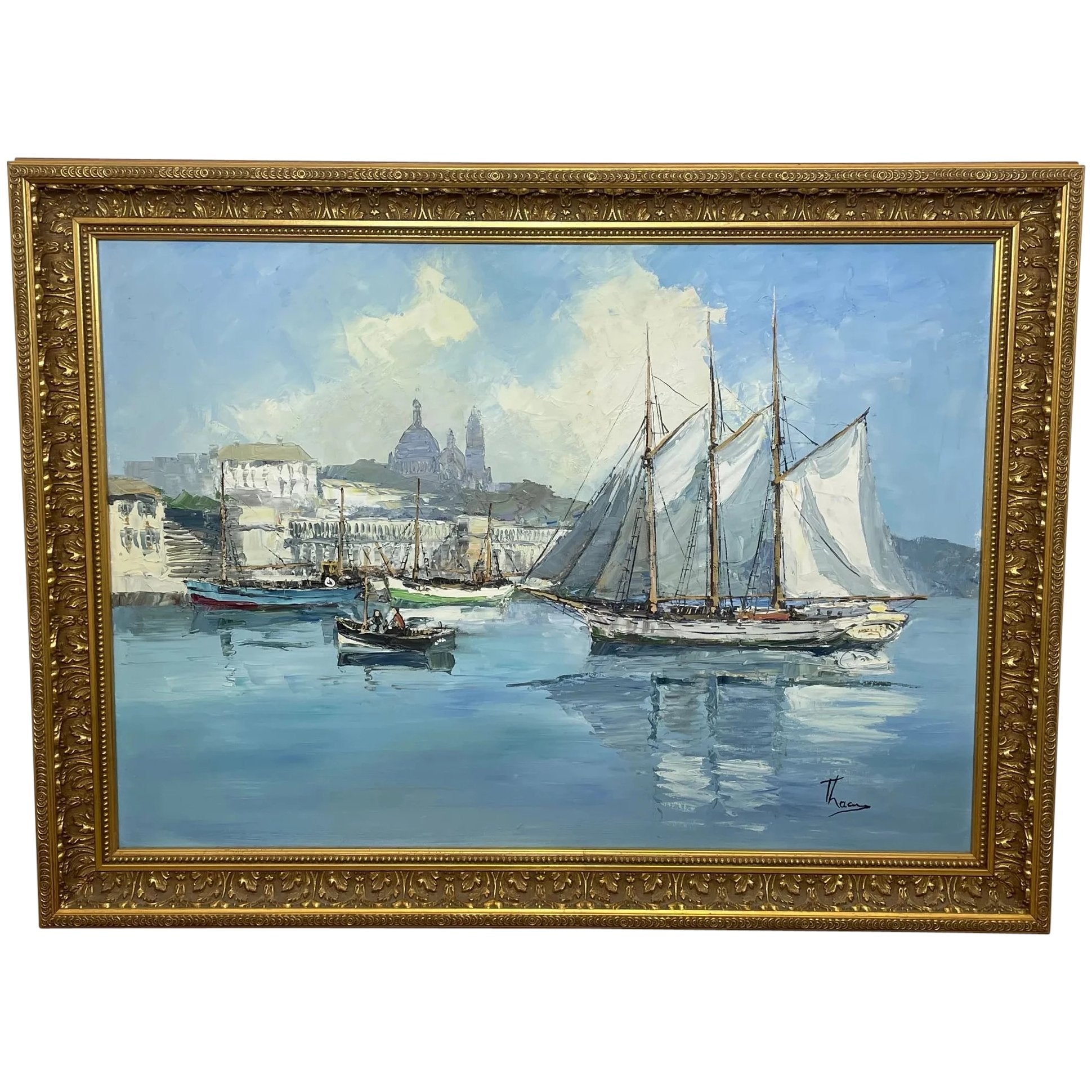 Oil Painting Dutch Fishing Harbour Channel Coast Signed Bernhard Laarhoven - Cheshire Antiques Consultant