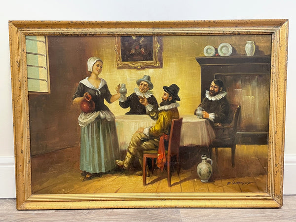Oil Painting Dutch Tavern Seated Gentlemen Served By Nubile Maid - Cheshire Antiques Consultant