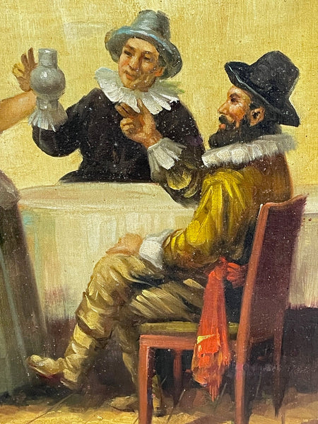 Oil Painting Dutch Tavern Seated Gentlemen Served By Nubile Maid - Cheshire Antiques Consultant