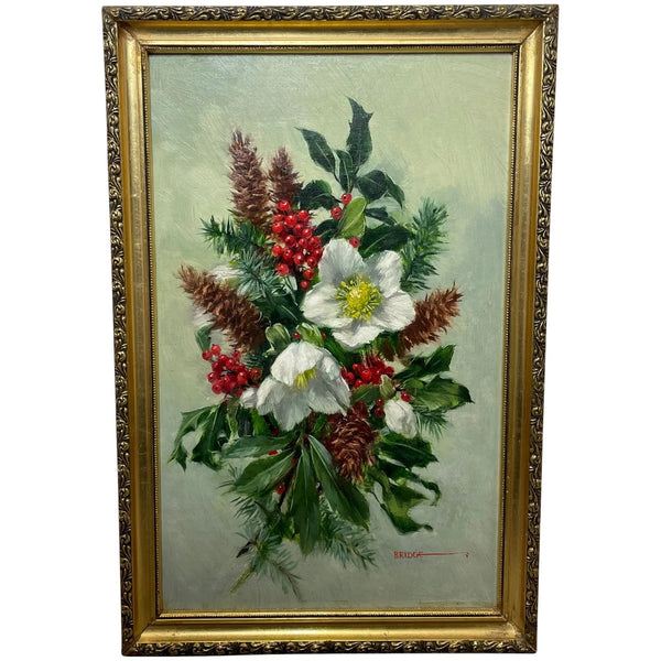 Oil Painting English Holly Plant & Red Berries By Elizabeth Bridge - Cheshire Antiques Consultant