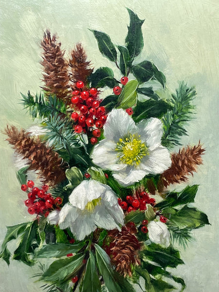 Oil Painting English Holly Plant & Red Berries By Elizabeth Bridge - Cheshire Antiques Consultant