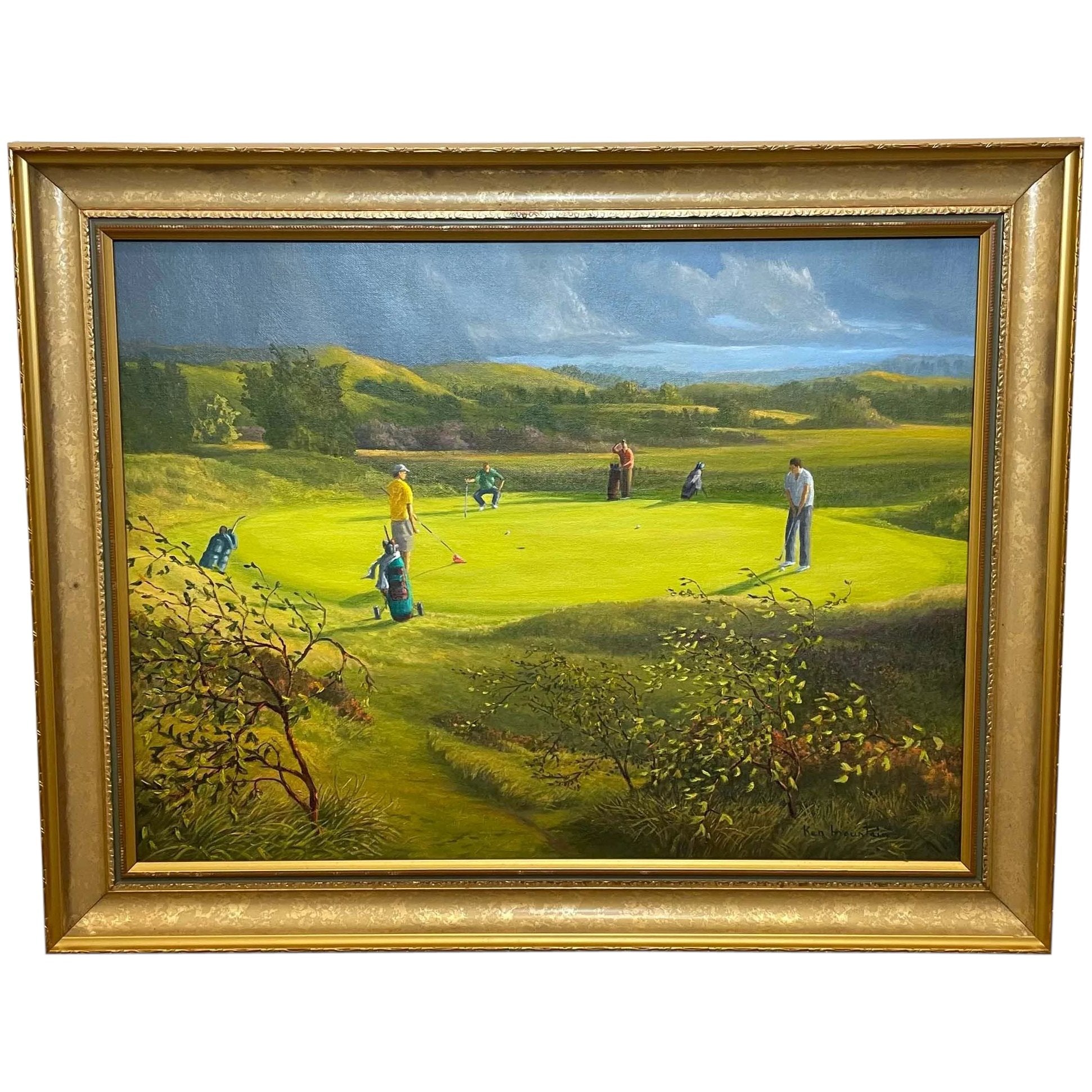 Oil Painting Golf Players Gathered At The 9th Green Royal Birkdale Southport - Cheshire Antiques Consultant
