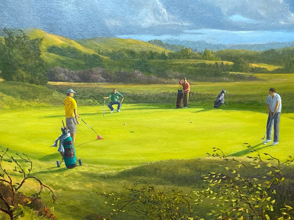 Oil Painting Golf Players Gathered At The 9th Green Royal Birkdale Southport - Cheshire Antiques Consultant
