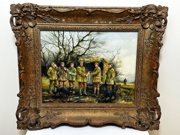 Oil Painting Group 7 Gentlemen Together Game Bird Hunting Party Soup & Sherry - Cheshire Antiques Consultant