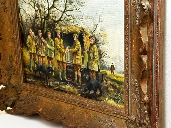 Oil Painting Group 7 Gentlemen Together Game Bird Hunting Party Soup & Sherry - Cheshire Antiques Consultant