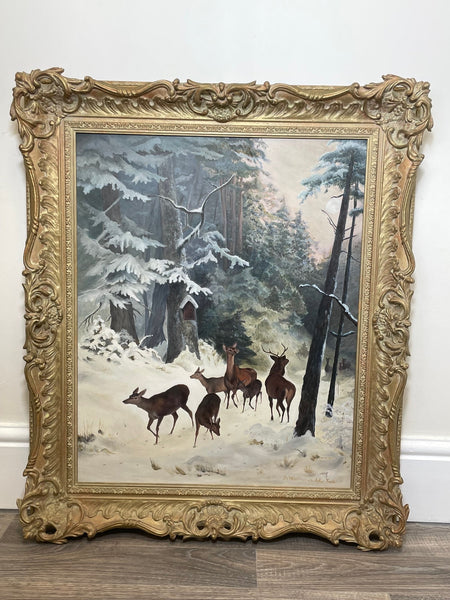 Oil Painting Herd Roe Deer & Stag In Winter Snow Forest - Cheshire Antiques Consultant