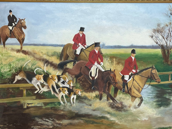 Oil Painting Hunting "Jumping Fence" Hounds With Horse & Gentleman Riders - Cheshire Antiques Consultant