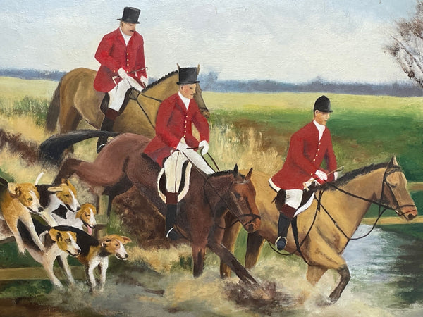 Oil Painting Hunting "Jumping Fence" Hounds With Horse & Gentleman Riders - Cheshire Antiques Consultant