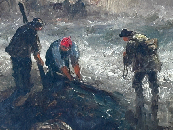 Oil Painting Marine Fishermen Unloading Catch Stormy Sea By Sarah Louisa Kilpack - Cheshire Antiques Consultant