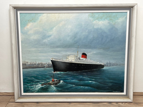Oil Painting Maritime "RMS Saxonia" Liner Ship Sailing Mersey Liverpool Docks - Cheshire Antiques Consultant
