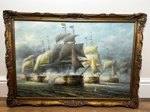 Oil Painting Naval Ships Anglo French Sea Battle of Cuddalore 1783 By James Hardy - Cheshire Antiques Consultant