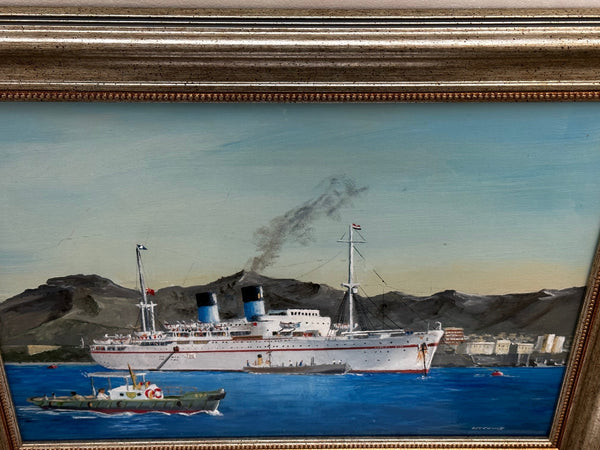 Oil Painting Ocean Passenger Liner Ship Gunung Djati By Aden Port Yemen - Cheshire Antiques Consultant
