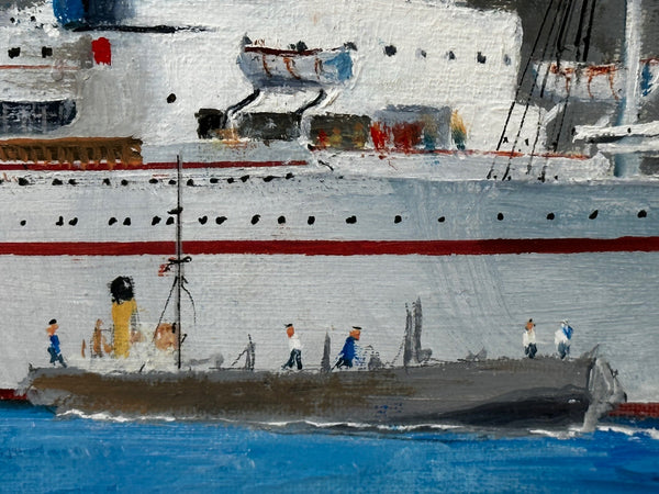 Oil Painting Ocean Passenger Liner Ship Gunung Djati By Aden Port Yemen - Cheshire Antiques Consultant
