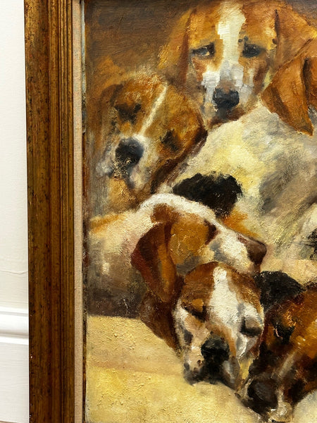 Oil Painting Pack Sleepy English Foxhounds Morning After Bicester Hunt By Heather Budgett - Cheshire Antiques Consultant