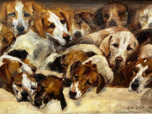Oil Painting Pack Sleepy English Foxhounds Morning After Bicester Hunt By Heather Budgett - Cheshire Antiques Consultant