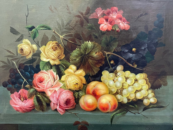 Oil Painting Pink Yellow Roses Peaches & Grapes By Edwin Steele 1837-1919 - Cheshire Antiques Consultant